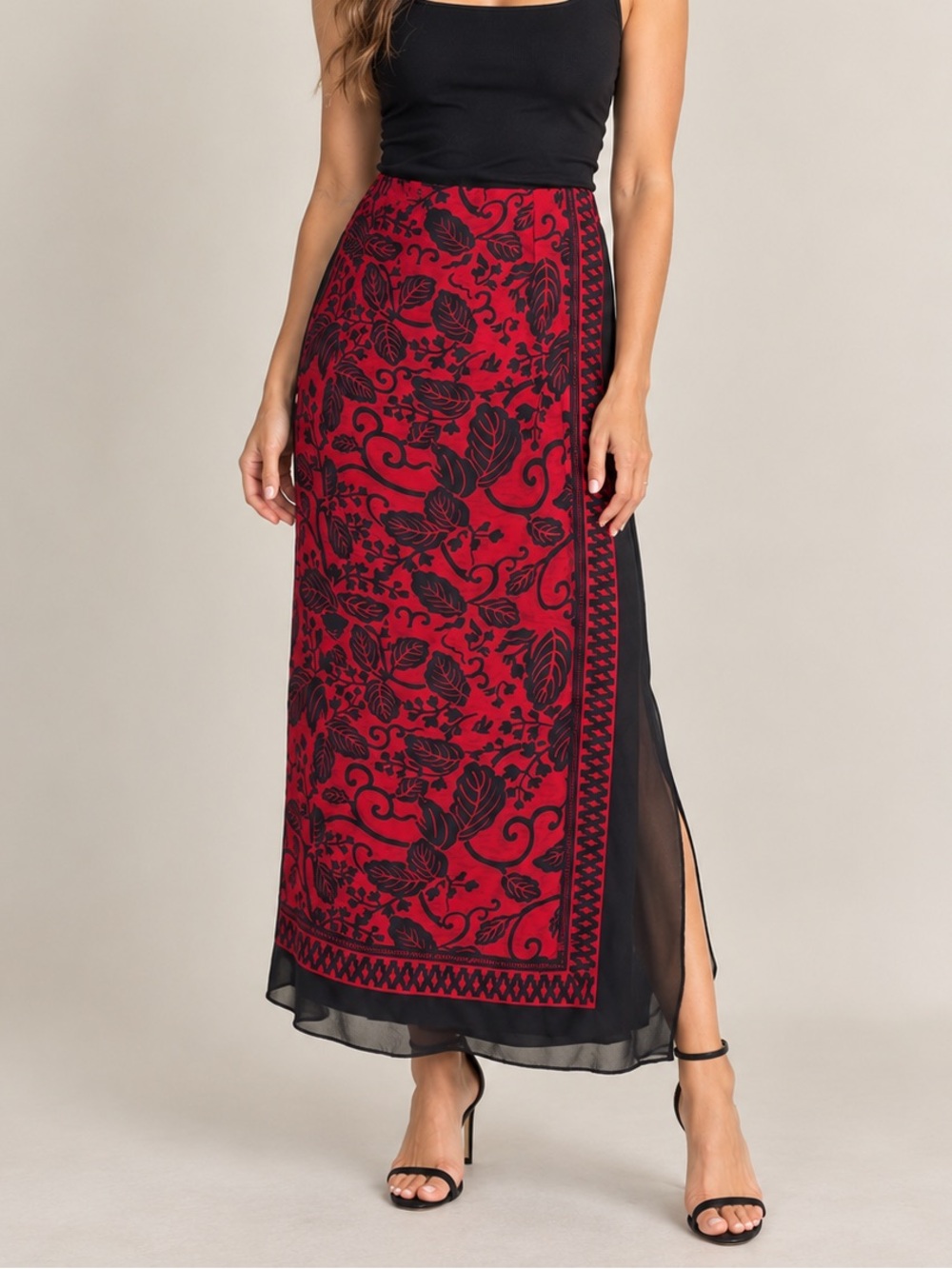 Vintage 100% Silk Floral Maxi Skirt Red Black Dana Buchman Size 12 (fits like 6)